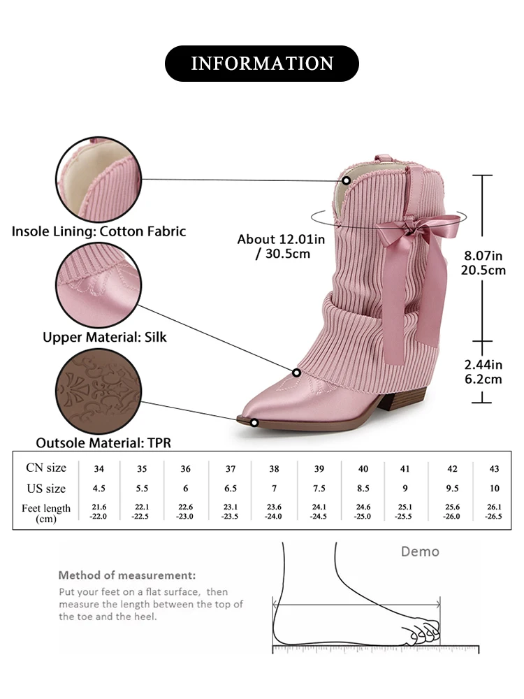 GMQM 2025 New Western Ankle Boots Bows For Women Fold Over Cowgirl Satin Booties Pointed Toe Cowboy Booties Pull On Chunky Heel