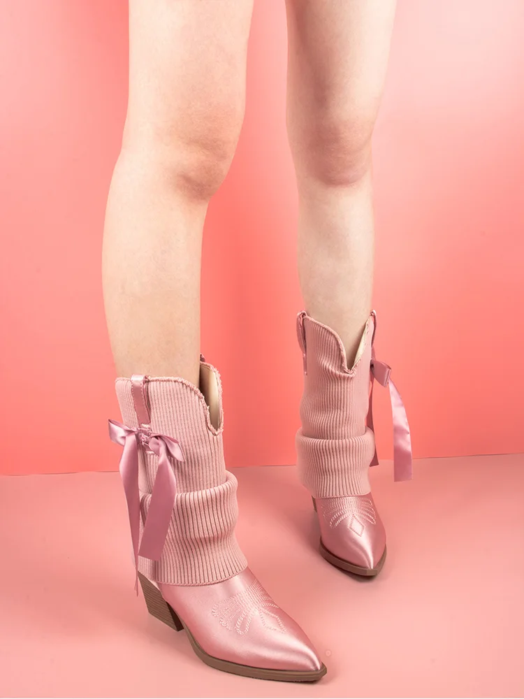 GMQM 2025 New Western Ankle Boots Bows For Women Fold Over Cowgirl Satin Booties Pointed Toe Cowboy Booties Pull On Chunky Heel