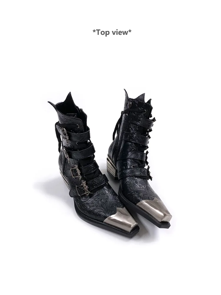 Pointed Chelsea Men's Spring 2026 New Retro Metal Head Western Cowboy Women's Height-increasing Short Boots
