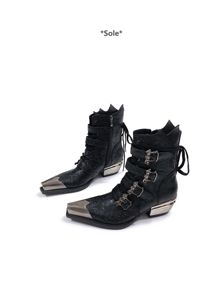 Pointed Chelsea Men's Spring 2026 New Retro Metal Head Western Cowboy Women's Height-increasing Short Boots