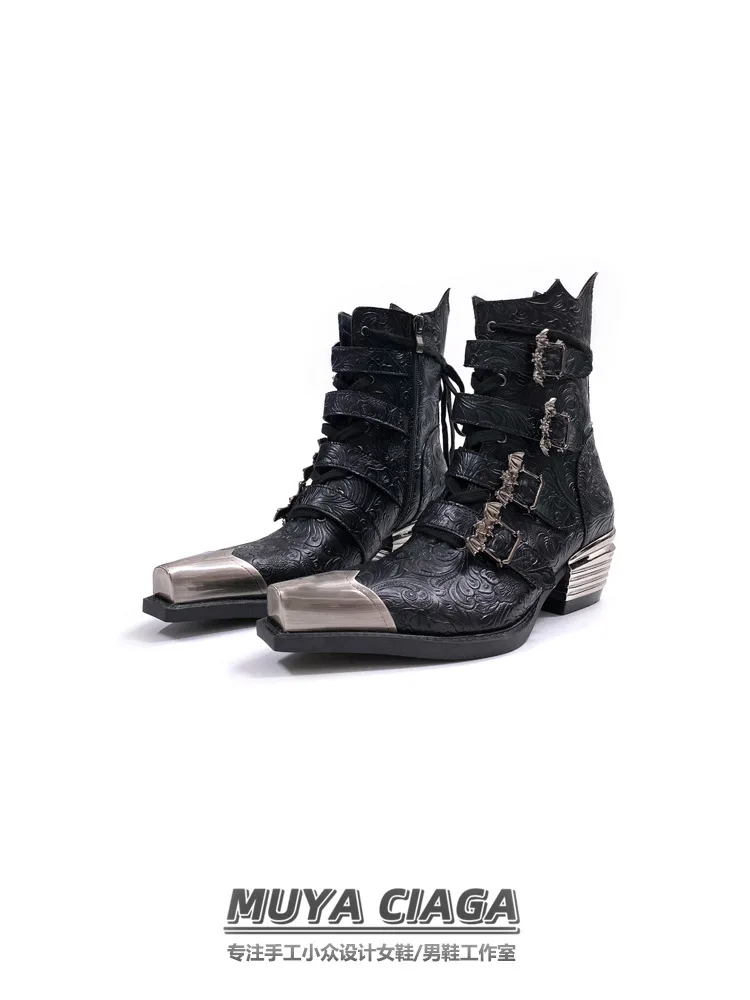 Pointed Chelsea Men's Spring 2026 New Retro Metal Head Western Cowboy Women's Height-increasing Short Boots