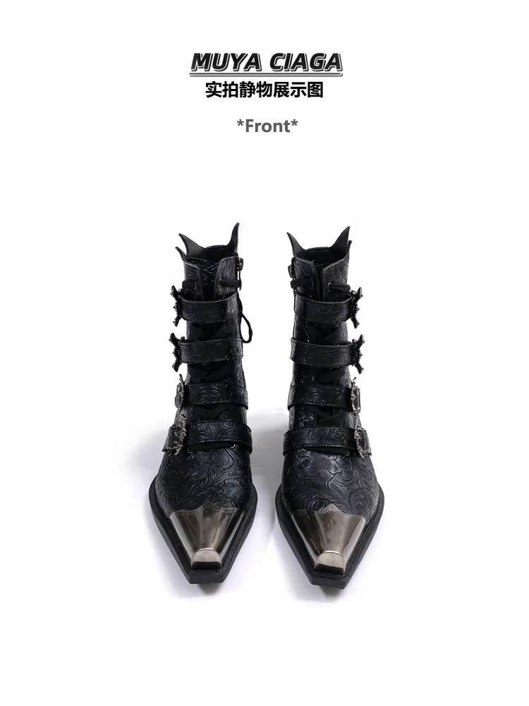 Pointed Chelsea Men's Spring 2026 New Retro Metal Head Western Cowboy Women's Height-increasing Short Boots