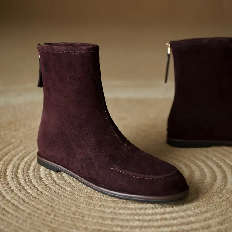 NEW Autumn/Winter Women Boots Sheep Suede Leather Shoes Women Round Toe Low Heel Shoes Slip-on Chelsea Boots Zipper Short Boots