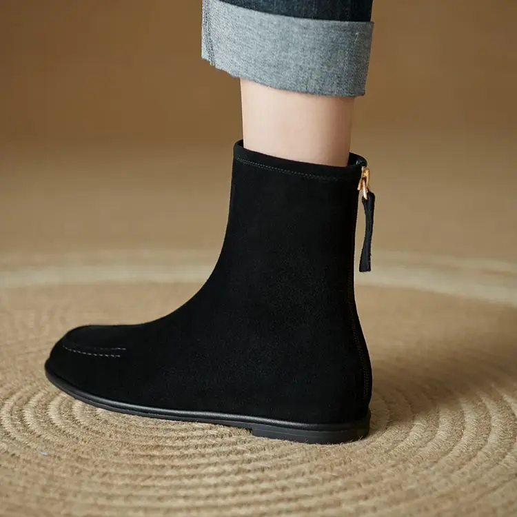 NEW Autumn/Winter Women Boots Sheep Suede Leather Shoes Women Round Toe Low Heel Shoes Slip-on Chelsea Boots Zipper Short Boots