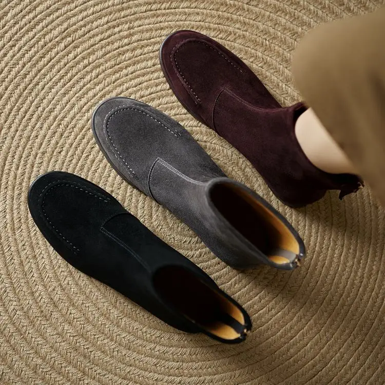 NEW Autumn/Winter Women Boots Sheep Suede Leather Shoes Women Round Toe Low Heel Shoes Slip-on Chelsea Boots Zipper Short Boots