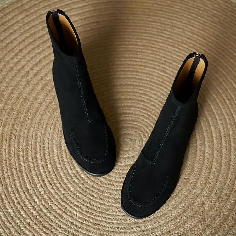 NEW Autumn/Winter Women Boots Sheep Suede Leather Shoes Women Round Toe Low Heel Shoes Slip-on Chelsea Boots Zipper Short Boots