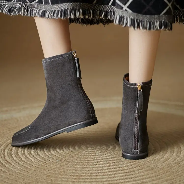 NEW Autumn/Winter Women Boots Sheep Suede Leather Shoes Women Round Toe Low Heel Shoes Slip-on Chelsea Boots Zipper Short Boots