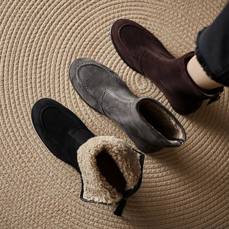 NEW Autumn/Winter Women Boots Sheep Suede Leather Shoes Women Round Toe Low Heel Shoes Slip-on Chelsea Boots Zipper Short Boots