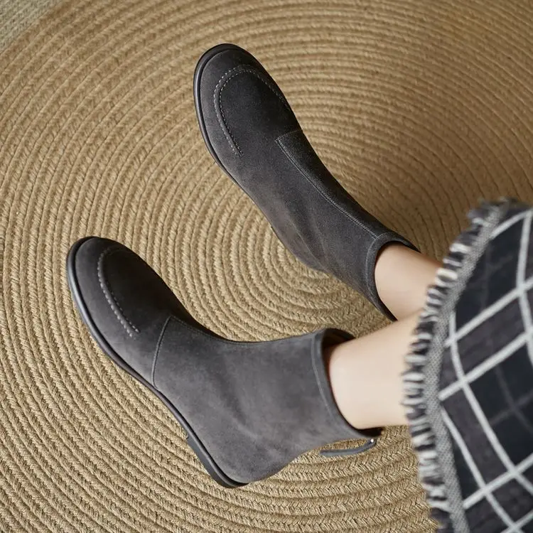 NEW Autumn/Winter Women Boots Sheep Suede Leather Shoes Women Round Toe Low Heel Shoes Slip-on Chelsea Boots Zipper Short Boots