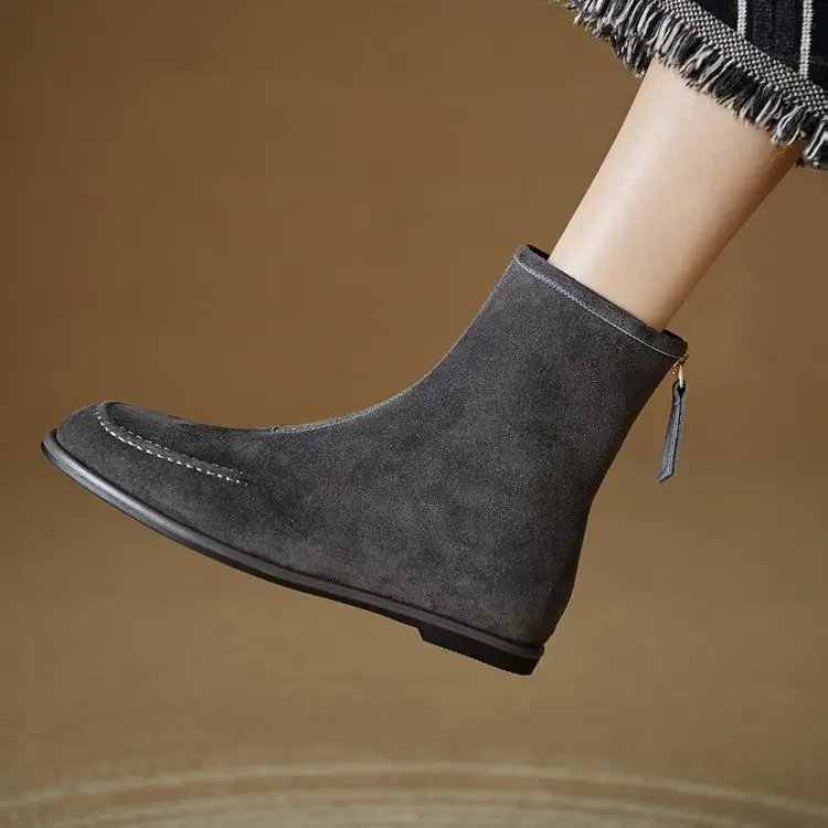 NEW Autumn/Winter Women Boots Sheep Suede Leather Shoes Women Round Toe Low Heel Shoes Slip-on Chelsea Boots Zipper Short Boots