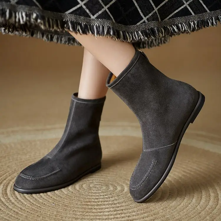 NEW Autumn/Winter Women Boots Sheep Suede Leather Shoes Women Round Toe Low Heel Shoes Slip-on Chelsea Boots Zipper Short Boots
