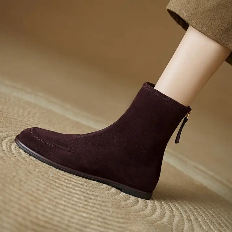 NEW Autumn/Winter Women Boots Sheep Suede Leather Shoes Women Round Toe Low Heel Shoes Slip-on Chelsea Boots Zipper Short Boots