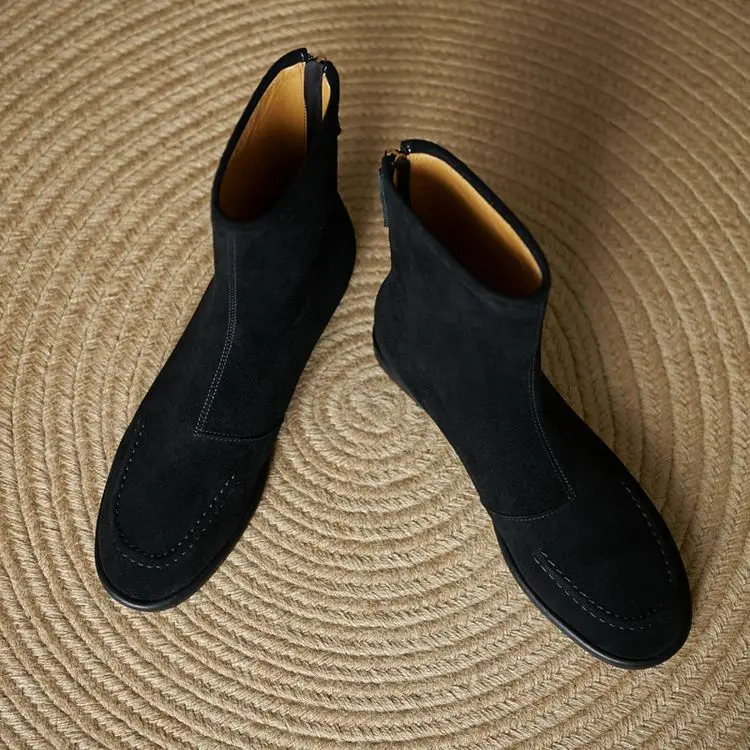NEW Autumn/Winter Women Boots Sheep Suede Leather Shoes Women Round Toe Low Heel Shoes Slip-on Chelsea Boots Zipper Short Boots