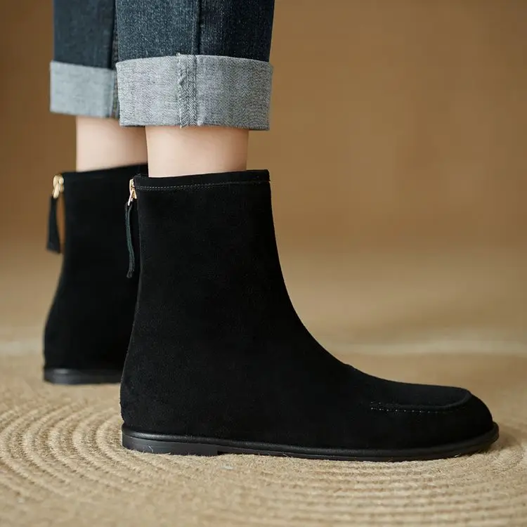 NEW Autumn/Winter Women Boots Sheep Suede Leather Shoes Women Round Toe Low Heel Shoes Slip-on Chelsea Boots Zipper Short Boots
