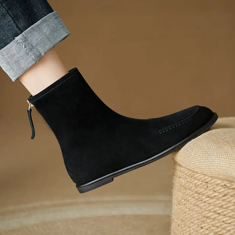 NEW Autumn/Winter Women Boots Sheep Suede Leather Shoes Women Round Toe Low Heel Shoes Slip-on Chelsea Boots Zipper Short Boots