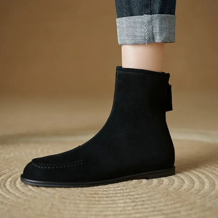 NEW Autumn/Winter Women Boots Sheep Suede Leather Shoes Women Round Toe Low Heel Shoes Slip-on Chelsea Boots Zipper Short Boots
