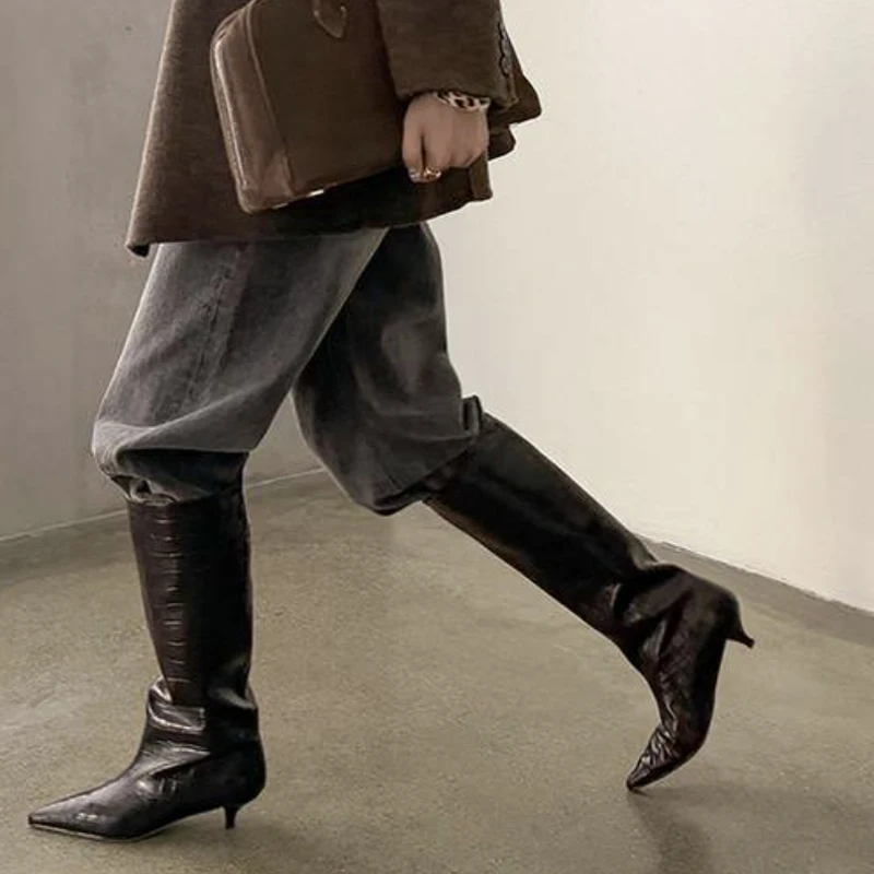 JOZHAMTA Size 34-40 Women Real Leather Mid Heels Long Boots Fashion Shoes For Autumn Knee Boots Office Lady Daily Winter Shoes
