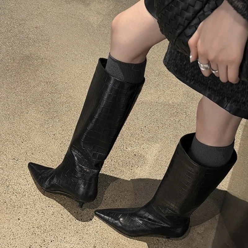 JOZHAMTA Size 34-40 Women Real Leather Mid Heels Long Boots Fashion Shoes For Autumn Knee Boots Office Lady Daily Winter Shoes