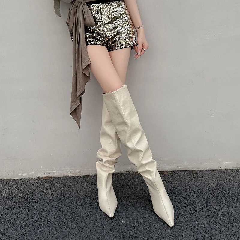 Arden Furtado Autumn Beige Microfiber Large Tubular Boots Pointed Toe Pull-On Stilettos Heels Simple Style Over the Knee Boots