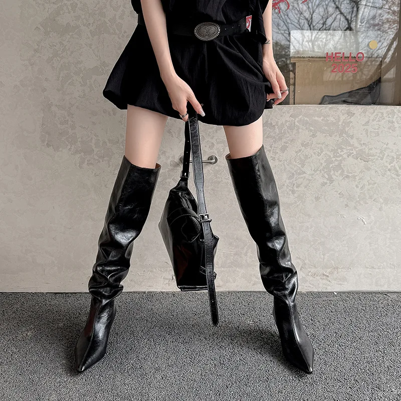 Arden Furtado Autumn Beige Microfiber Large Tubular Boots Pointed Toe Pull-On Stilettos Heels Simple Style Over the Knee Boots