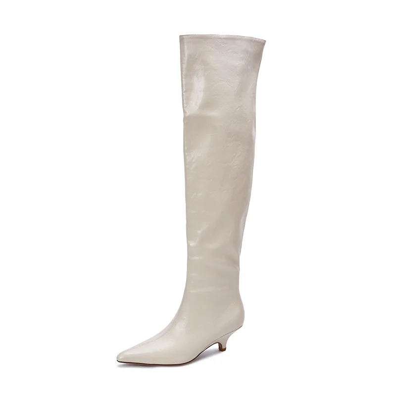 Arden Furtado Autumn Beige Microfiber Large Tubular Boots Pointed Toe Pull-On Stilettos Heels Simple Style Over the Knee Boots