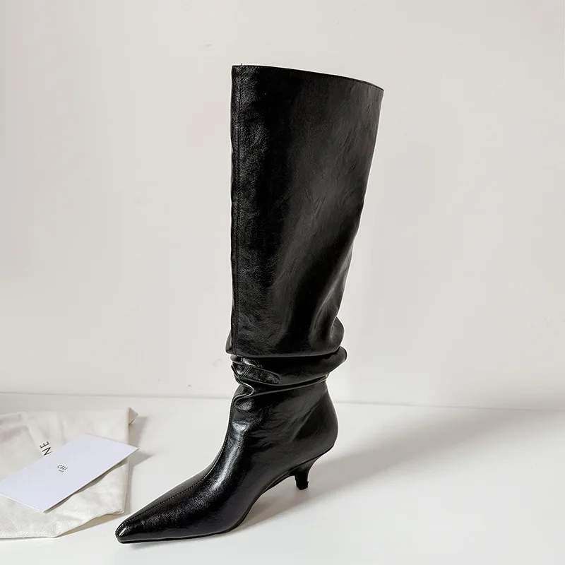 Arden Furtado Autumn Beige Microfiber Large Tubular Boots Pointed Toe Pull-On Stilettos Heels Simple Style Over the Knee Boots