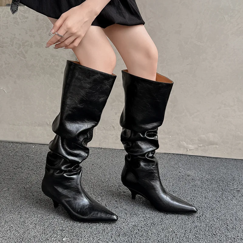 Arden Furtado Autumn Beige Microfiber Large Tubular Boots Pointed Toe Pull-On Stilettos Heels Simple Style Over the Knee Boots