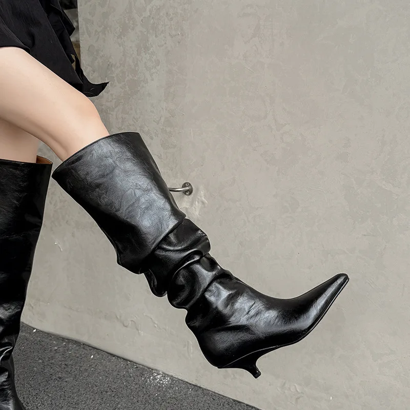 Arden Furtado Autumn Beige Microfiber Large Tubular Boots Pointed Toe Pull-On Stilettos Heels Simple Style Over the Knee Boots