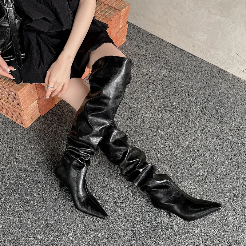 Arden Furtado Autumn Beige Microfiber Large Tubular Boots Pointed Toe Pull-On Stilettos Heels Simple Style Over the Knee Boots