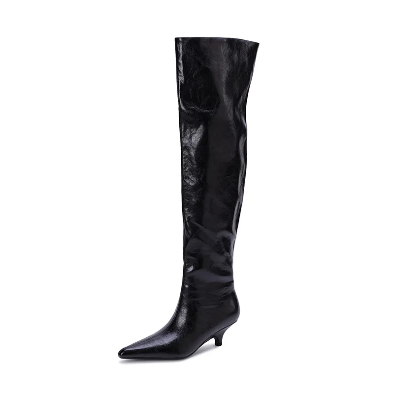 Arden Furtado Autumn Beige Microfiber Large Tubular Boots Pointed Toe Pull-On Stilettos Heels Simple Style Over the Knee Boots