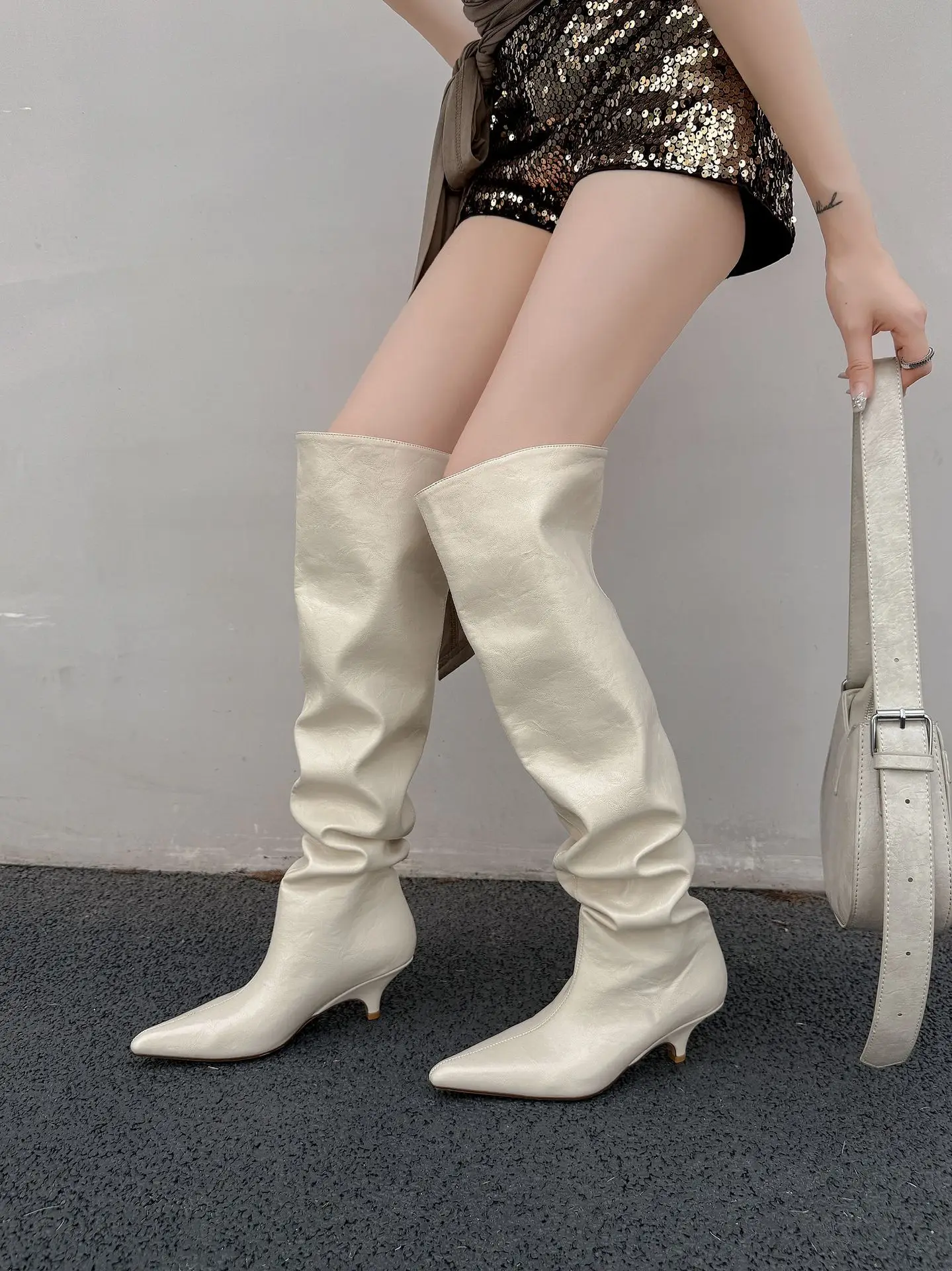 Arden Furtado Autumn Beige Microfiber Large Tubular Boots Pointed Toe Pull-On Stilettos Heels Simple Style Over the Knee Boots