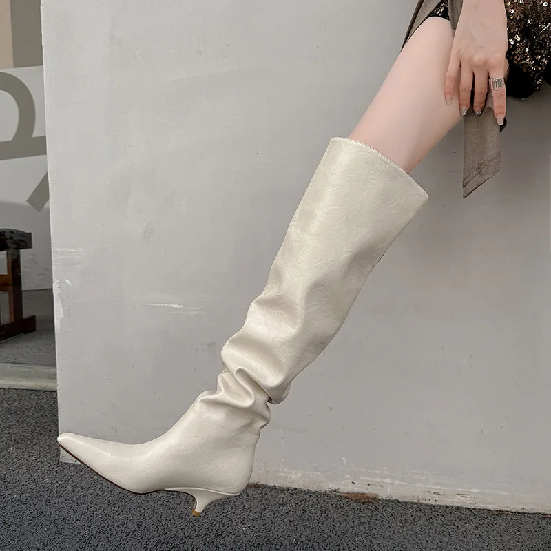 Arden Furtado Autumn Beige Microfiber Large Tubular Boots Pointed Toe Pull-On Stilettos Heels Simple Style Over the Knee Boots