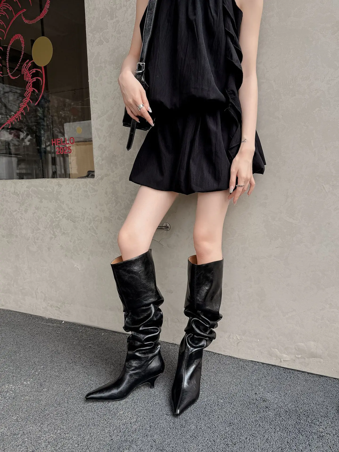 Arden Furtado Autumn Beige Microfiber Large Tubular Boots Pointed Toe Pull-On Stilettos Heels Simple Style Over the Knee Boots