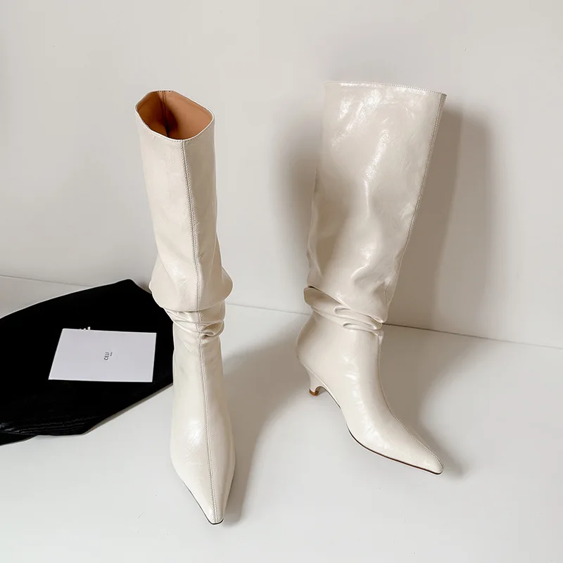 Arden Furtado Autumn Beige Microfiber Large Tubular Boots Pointed Toe Pull-On Stilettos Heels Simple Style Over the Knee Boots