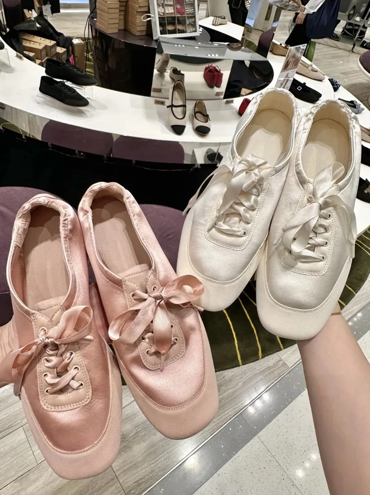 AIYUQI Women German Trainers Retro Sneakers 2026 New Autumn Satin Patchwork Ballet Shoes Square Head Women Lace-Up Casual Flats