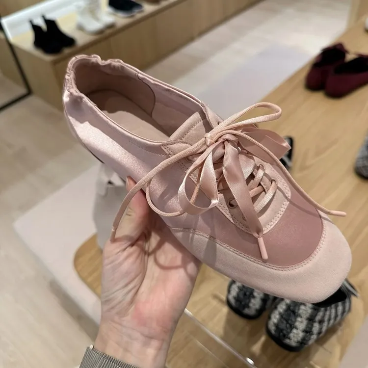 AIYUQI Women German Trainers Retro Sneakers 2026 New Autumn Satin Patchwork Ballet Shoes Square Head Women Lace-Up Casual Flats