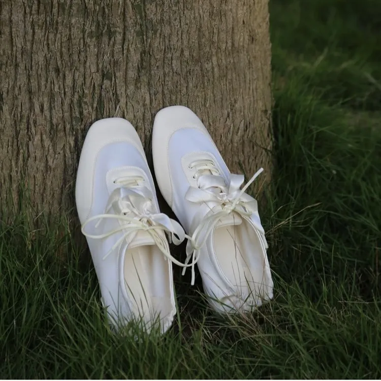 AIYUQI Women German Trainers Retro Sneakers 2026 New Autumn Satin Patchwork Ballet Shoes Square Head Women Lace-Up Casual Flats