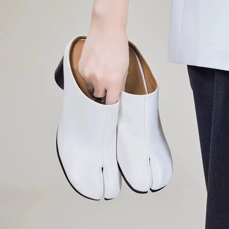 Black Split Toe Round Heel Mules Shallow Slip On Women Slippers Fashion Trendy Party Banquet Lady Sandals