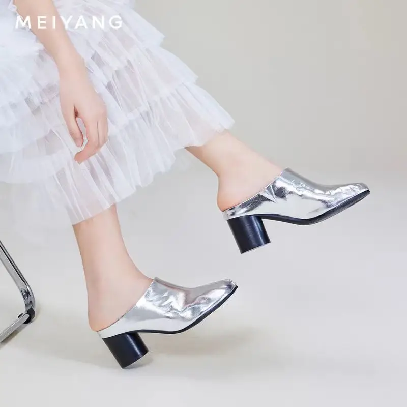 Black Split Toe Round Heel Mules Shallow Slip On Women Slippers Fashion Trendy Party Banquet Lady Sandals