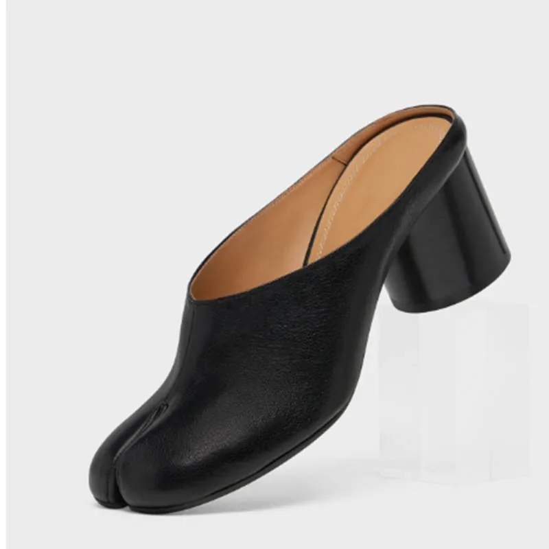 Black Split Toe Round Heel Mules Shallow Slip On Women Slippers Fashion Trendy Party Banquet Lady Sandals