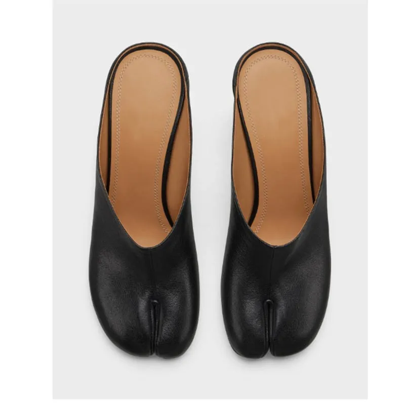 Black Split Toe Round Heel Mules Shallow Slip On Women Slippers Fashion Trendy Party Banquet Lady Sandals