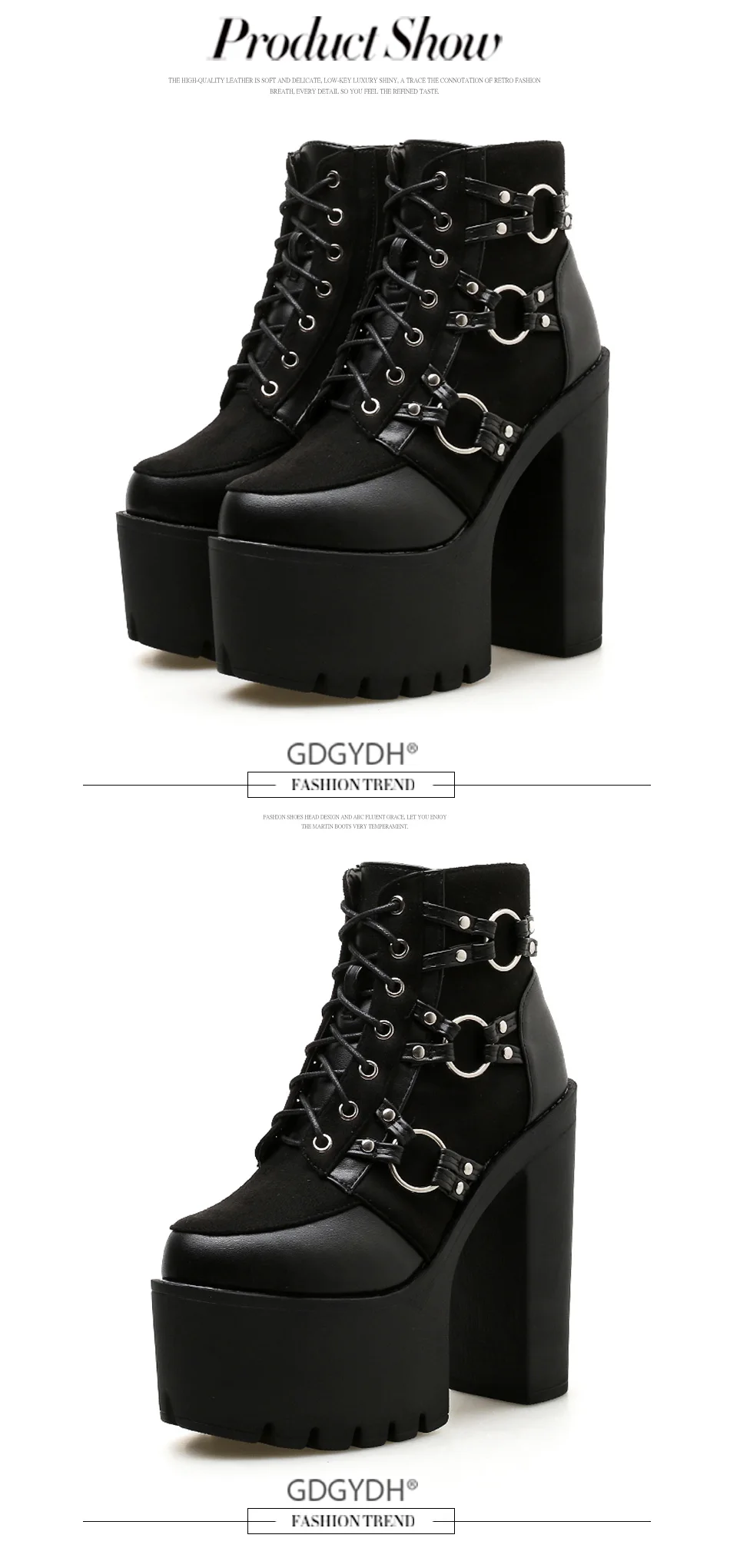 Gdgydh Spring Autumn Fashion Motorcycle Boots Women Platform Heels Casual Shoes Lacing Round Toe Shoes Ladies Autumn Boots Black