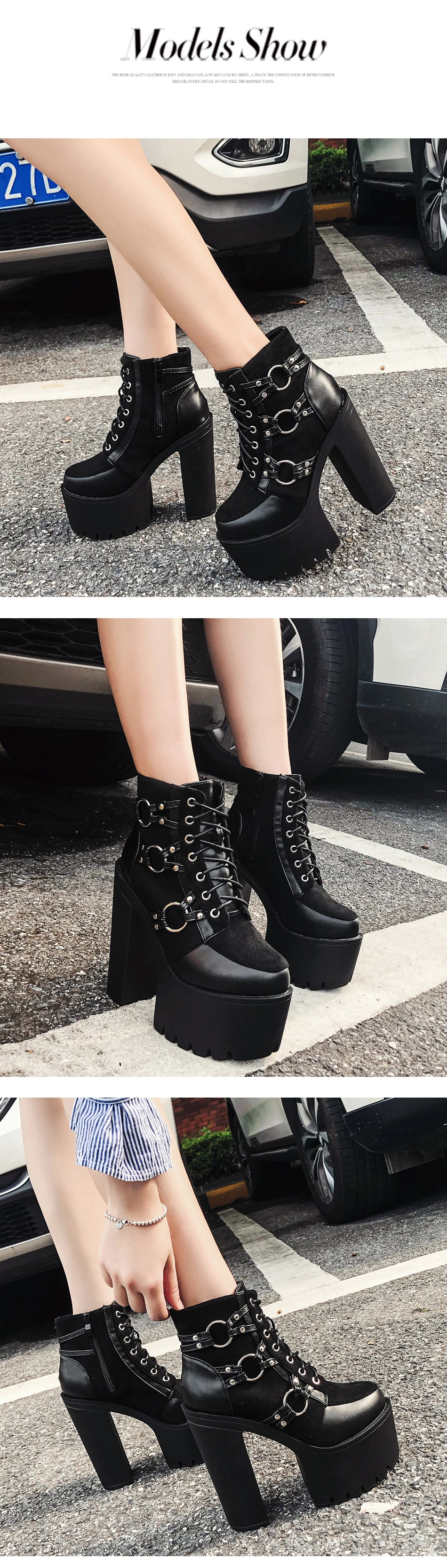 Gdgydh Spring Autumn Fashion Motorcycle Boots Women Platform Heels Casual Shoes Lacing Round Toe Shoes Ladies Autumn Boots Black