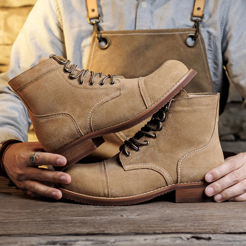 Suede Boot Goodyear-Welted Motorcycle Rugged Heritage Boots Vintage Suede Leather Punk Boot For Men Cowhide Mid-Cut Shoes