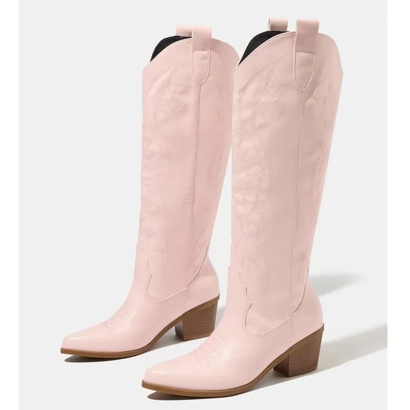Eilyken Women Exquisite Embroidery Knee-High Boots Autumn Winter Low Heels Pointed Toe Long Booties Shoes Fashion Large Bize 43