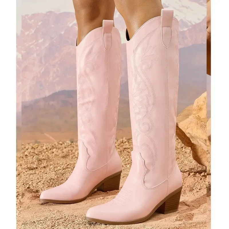 Eilyken Women Exquisite Embroidery Knee-High Boots Autumn Winter Low Heels Pointed Toe Long Booties Shoes Fashion Large Bize 43