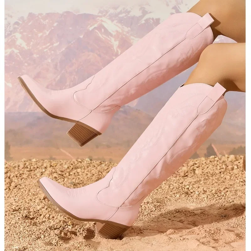 Eilyken Women Exquisite Embroidery Knee-High Boots Autumn Winter Low Heels Pointed Toe Long Booties Shoes Fashion Large Bize 43