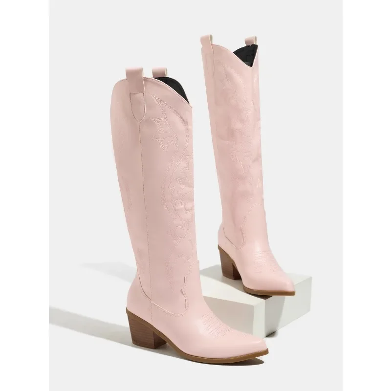 Eilyken Women Exquisite Embroidery Knee-High Boots Autumn Winter Low Heels Pointed Toe Long Booties Shoes Fashion Large Bize 43