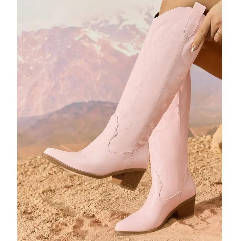 Eilyken Women Exquisite Embroidery Knee-High Boots Autumn Winter Low Heels Pointed Toe Long Booties Shoes Fashion Large Bize 43