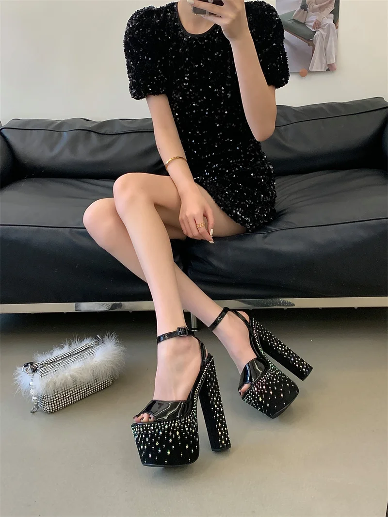 Liyke Fashion Crystal Rhinestone Thick High Heels Chunky Platform Sandals Women Open Toe Wedding Banquet Shoes Zapatos De Mujer